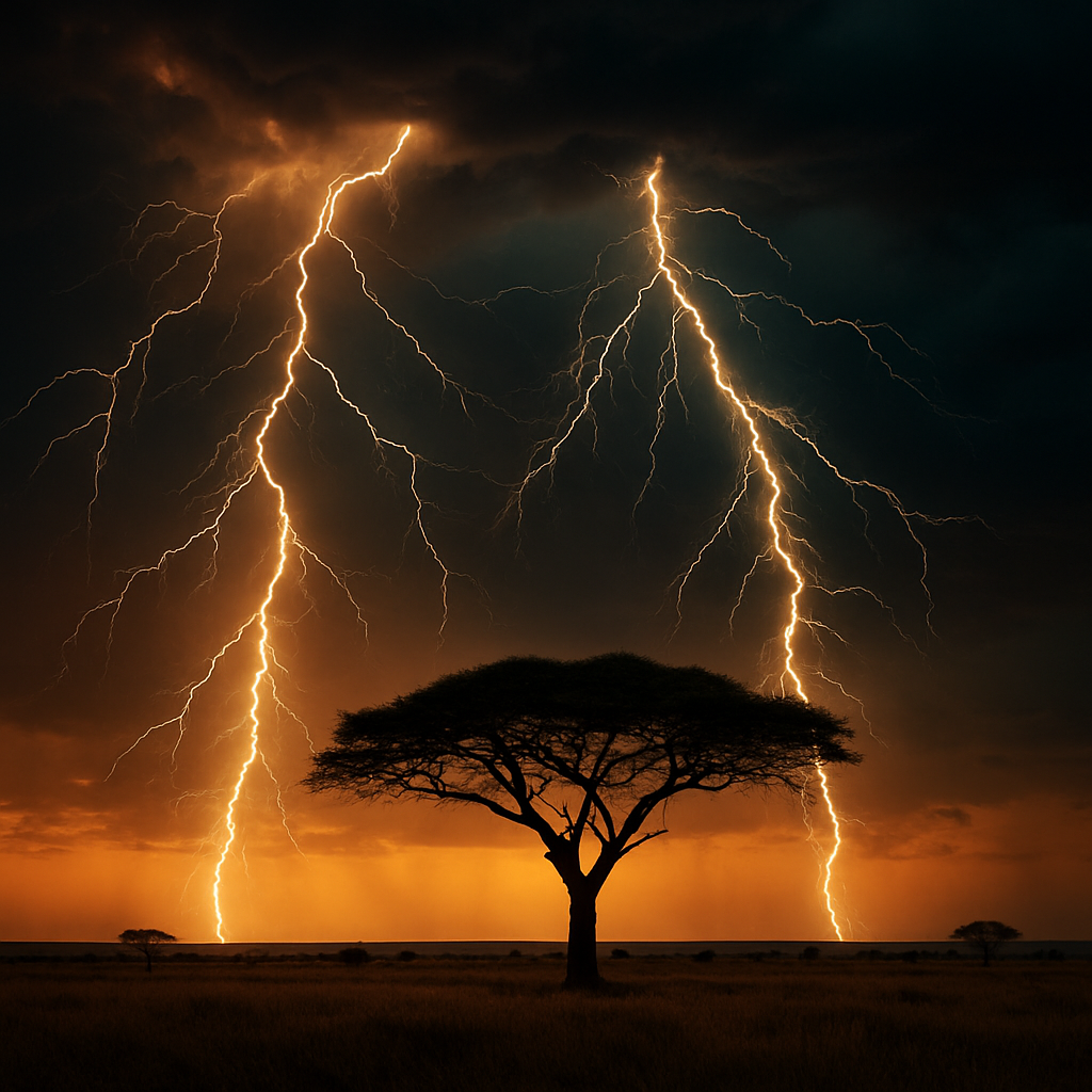 A dramatic lightning storm over the South African savanna, symbolising raw power and energy